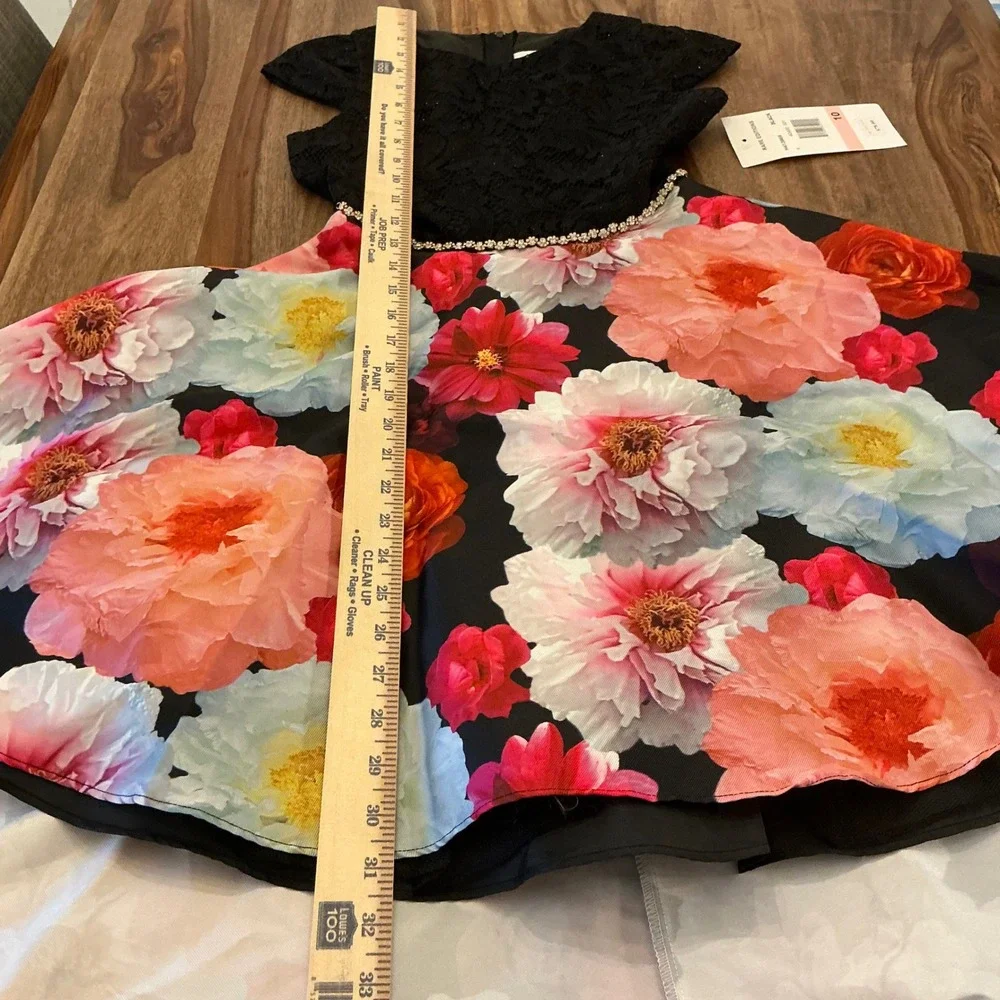 Rare Editions Girls Black Glitter Lace Floral Hi Low‎ Dress Size 10